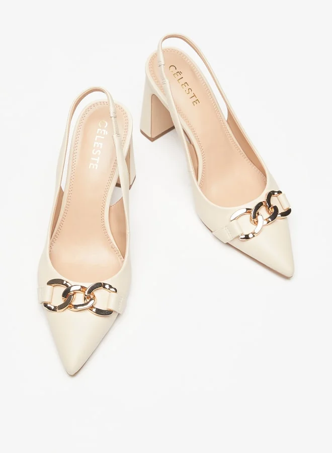 Celeste Women Pointed Toe Slingback Shoes With Block Heel And Metallic Trim