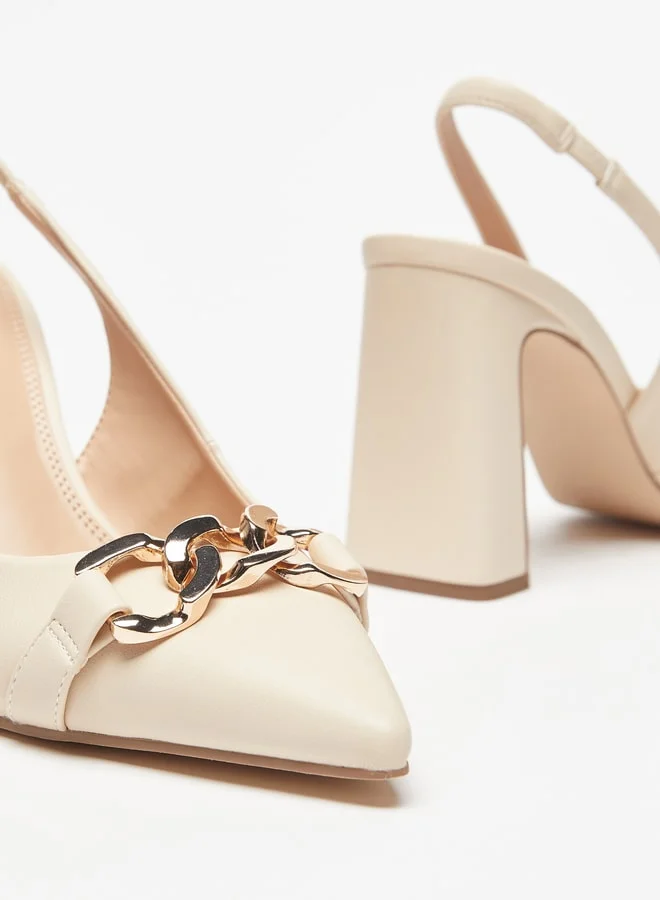 Celeste Women Pointed Toe Slingback Shoes With Block Heel And Metallic Trim