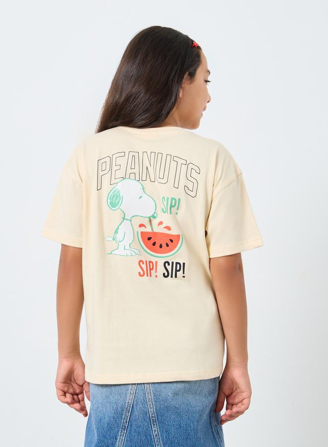 Styli Girls Beige Snoopy Graphic Oversized T-Shirt - Image 1