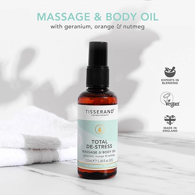 Tisserand Aromatherapy Total DeStress Massage Body Oil Orange Geranium Nutmeg Essential Oil 100 Natural Pure Essential Oils 100ml - Image 3