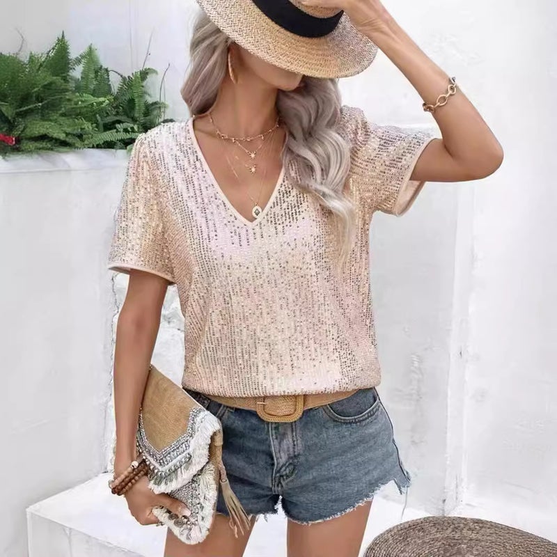 Women's tops summer new sexy V-neck solid color sequined short sleeve t-shirt