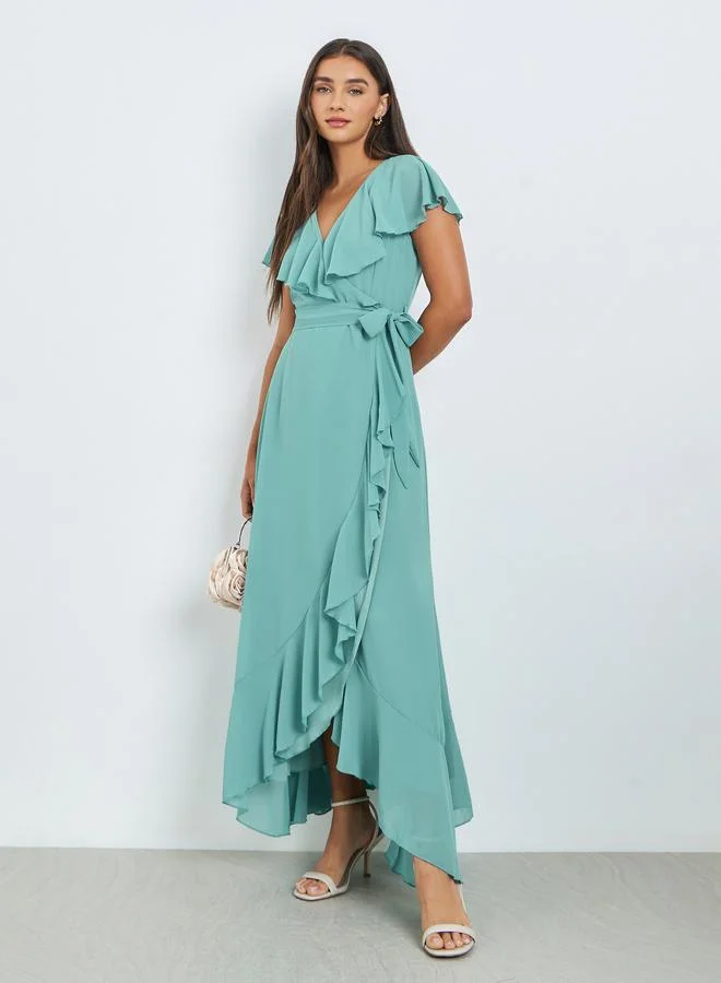 Green Solid Wrap Front Ruffle Maxi Dress