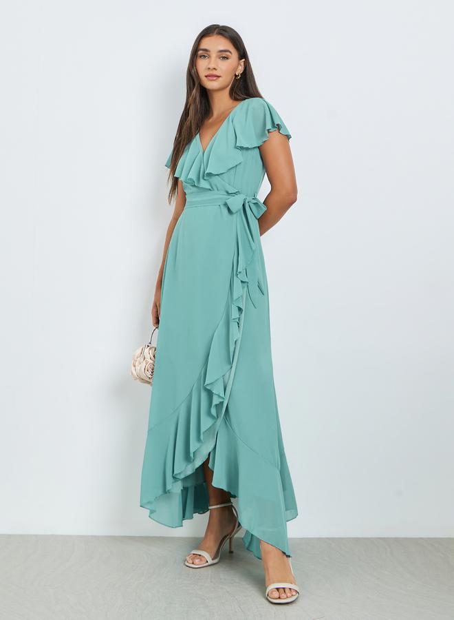 Styli Green Solid Wrap Front Ruffle Maxi Dress - Image 1