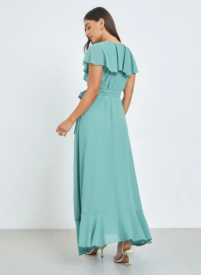 Styli  Green Solid Wrap Front Ruffle Maxi Dress for Women | Best Price UAE