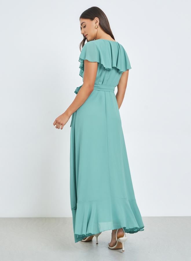 Styli Green Solid Wrap Front Ruffle Maxi Dress - Image 4