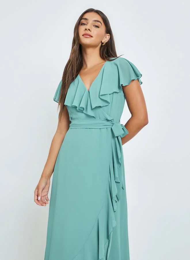 Styli  Green Solid Wrap Front Ruffle Maxi Dress for Women | Best Price UAE
