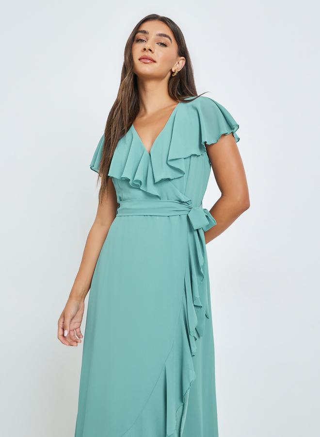 Styli Green Solid Wrap Front Ruffle Maxi Dress - Image 3