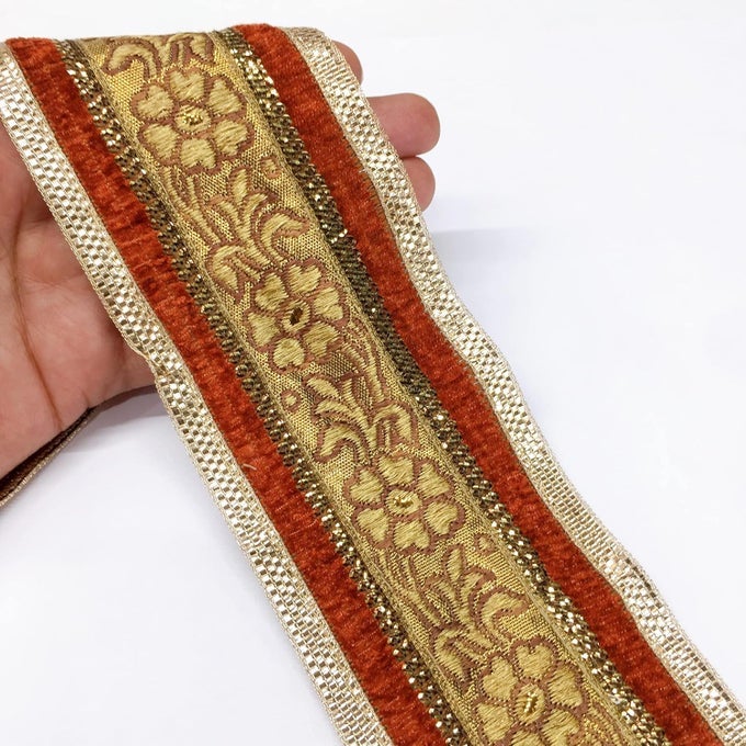 9 METER GOLDEN & RED WITH GOLDEN BORDER FLOWER DESIGN WEAVING WORK LACE WITH GOLDEN ZARI WORK, BANARASI SAREE LACE BORDER, BRIDAL LEHENGA DUPATTA SUIT ANARKALI, INDIAN FASHION ACCESSORIES