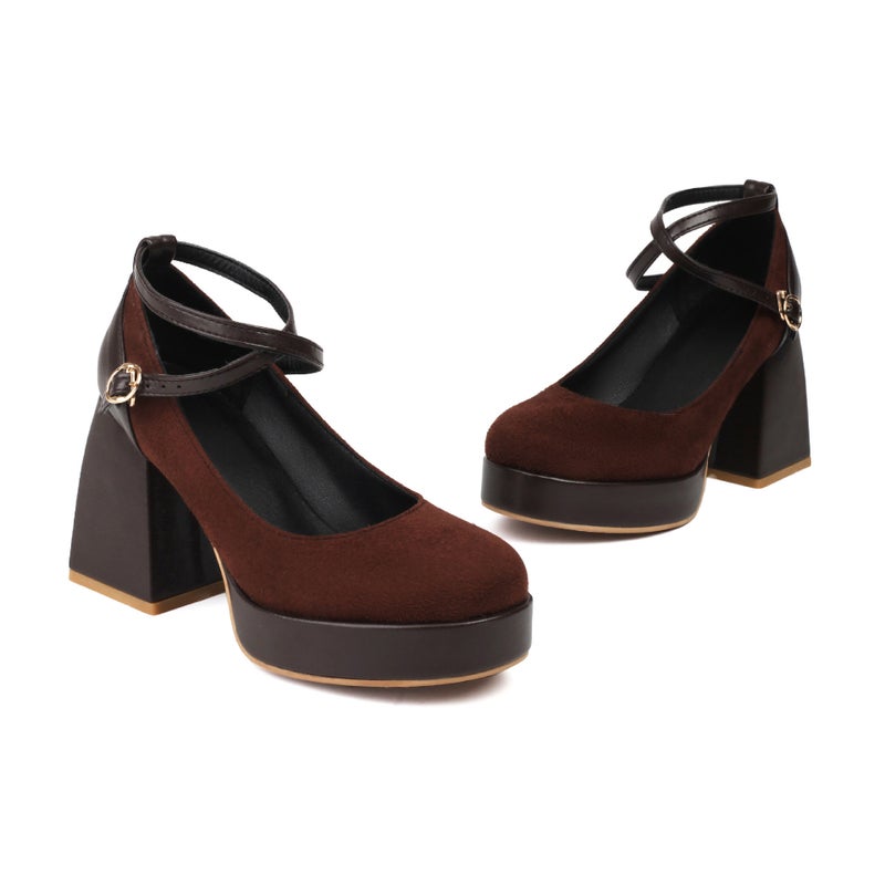 2024 Spring Fashion High Heel Thick Bottom 32-46 Cross Buckle Suede Solid Color Shallow Mouth Single Shoes - Image 1