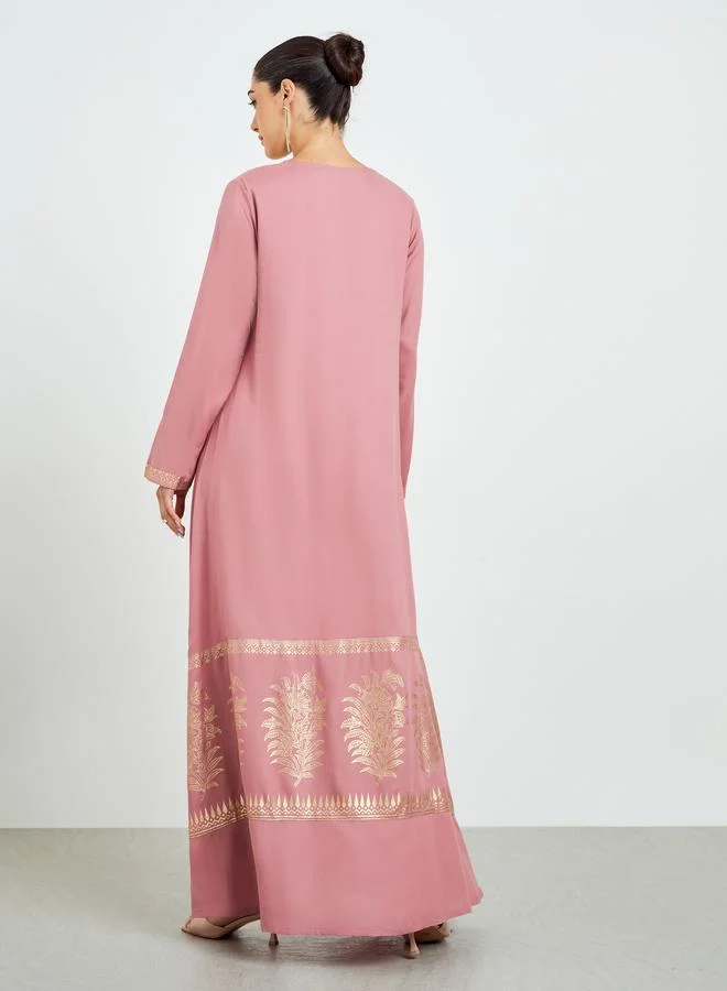 Amirah  Pink Foil Print A-Line Jalabiya for Women | Best Price UAE