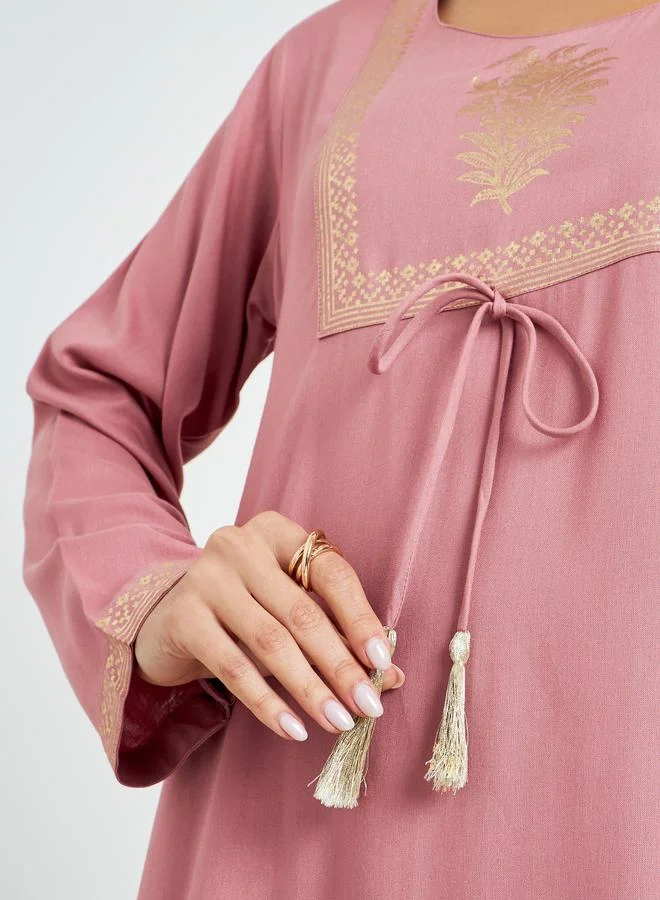 Amirah  Pink Foil Print A-Line Jalabiya for Women | Best Price UAE
