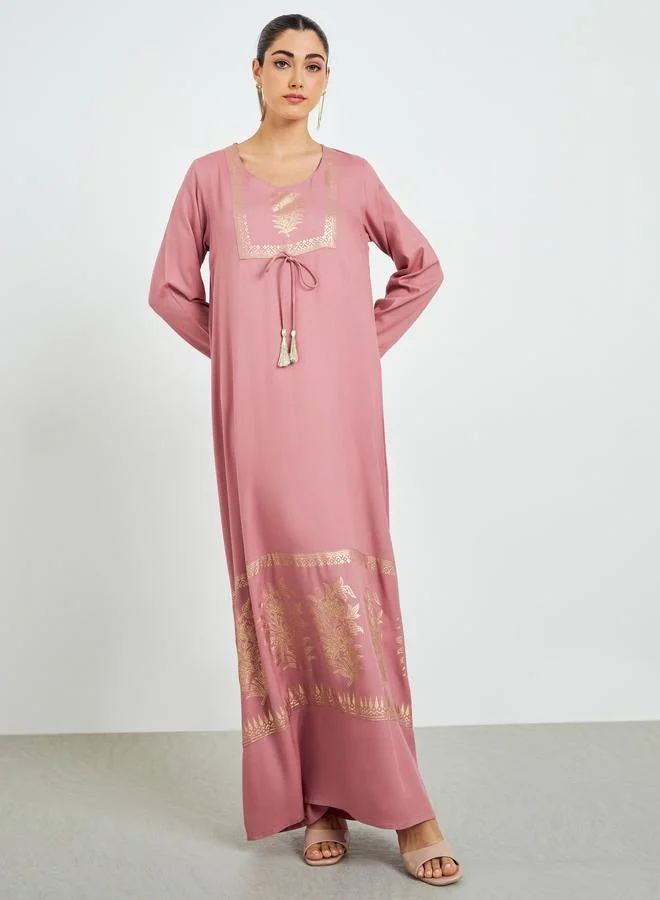 Amirah  Pink Foil Print A-Line Jalabiya for Women | Best Price UAE