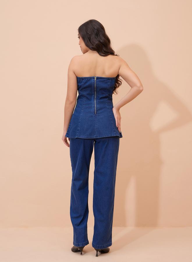 SASSAFRAS Navy Denim Corsage Peplum Tube Top and Jeans Co-Ords - Image 3