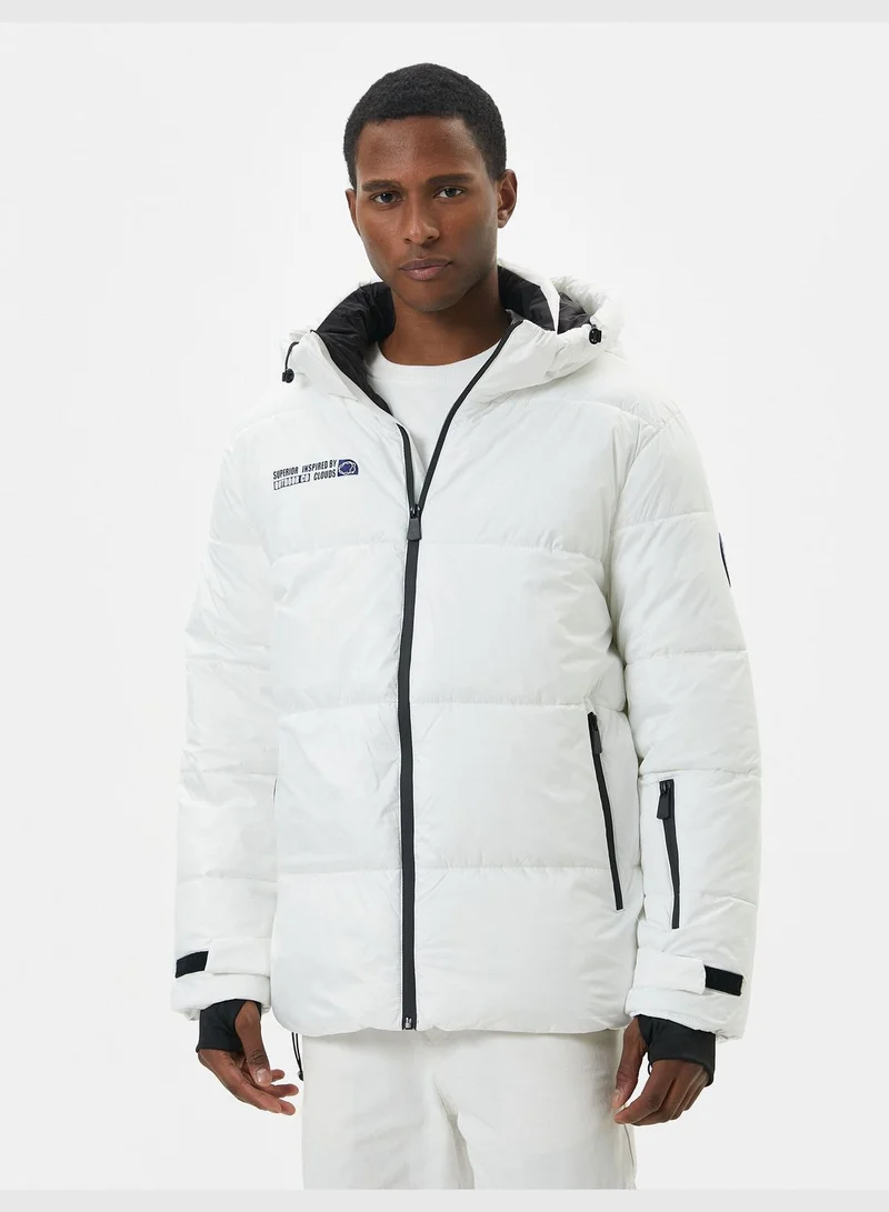 كوتون Slogan Printed Zipper Pocket Detail Hooded Puffer Coat