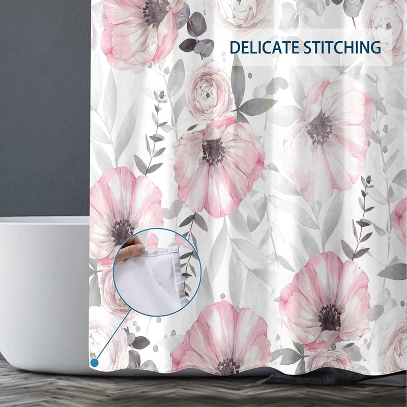 BIVINAR بفينار طرية وردي دش الأزهار الستار بألوان مائية الزهور الحمام دش الستار النسيج ستارة دش مقاوم للماء مع 12 خطاف 72 × 72 بوصة - Image 3