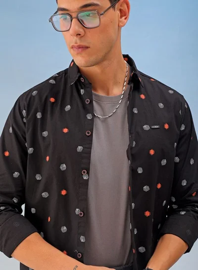 شركة المرآب الهندية Men Slim Fit Geometric Printed Full Sleeves Spread Collar Casual Shirt