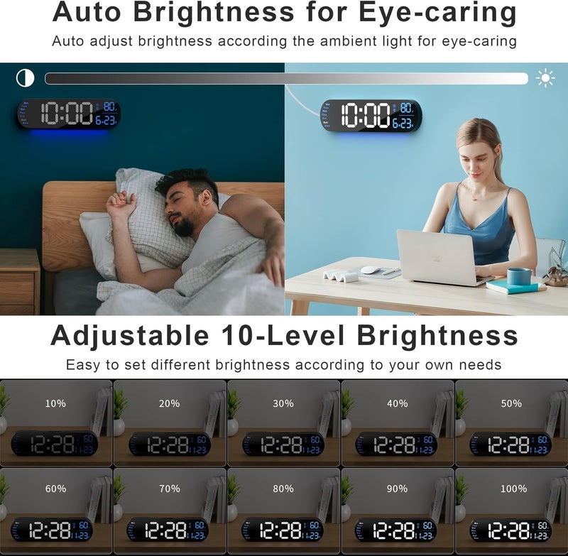hansang ساعة حائط رقمية كبيرة مع جهاز تحكم عن بعد 13.7 بوصة، سطوع تلقائي، 9 أضواء محيطة RGB، منبه مزدوج ومؤقت، وضع 12/24 ساعة، درجة حرارة لغرفة النوم، هدية ديكور حائط للمسنين، أزرق - Image 4