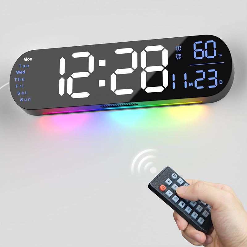 hansang ساعة حائط رقمية كبيرة مع جهاز تحكم عن بعد 13.7 بوصة، سطوع تلقائي، 9 أضواء محيطة RGB، منبه مزدوج ومؤقت، وضع 12/24 ساعة، درجة حرارة لغرفة النوم، هدية ديكور حائط للمسنين، أزرق - Image 1