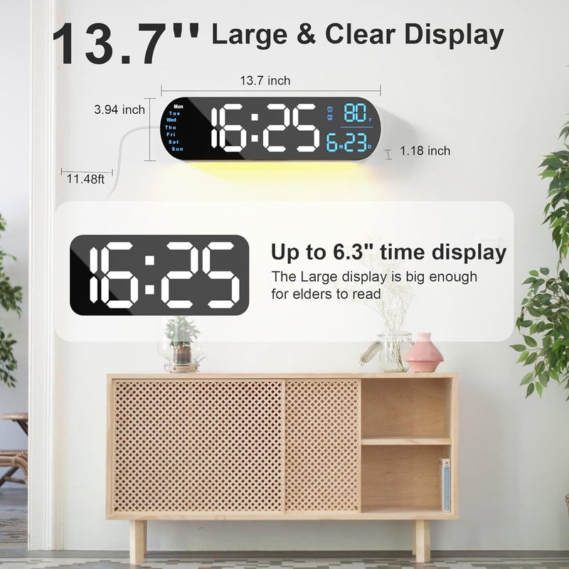 hansang ساعة حائط رقمية كبيرة مع جهاز تحكم عن بعد 13.7 بوصة، سطوع تلقائي، 9 أضواء محيطة RGB، منبه مزدوج ومؤقت، وضع 12/24 ساعة، درجة حرارة لغرفة النوم، هدية ديكور حائط للمسنين، أزرق - Image 2