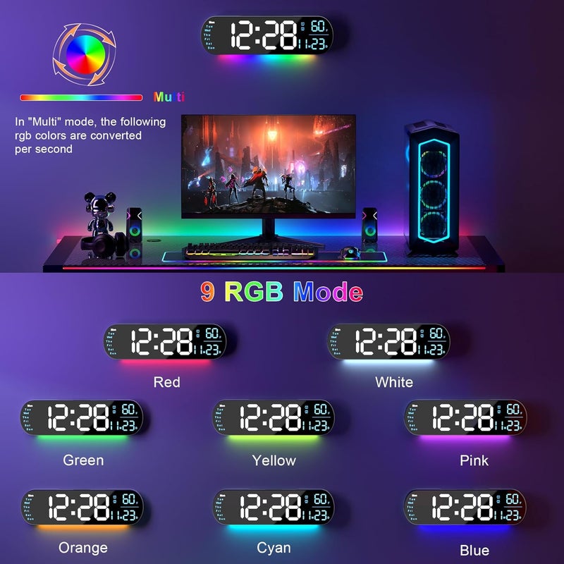 hansang ساعة حائط رقمية كبيرة مع جهاز تحكم عن بعد 13.7 بوصة، سطوع تلقائي، 9 أضواء محيطة RGB، منبه مزدوج ومؤقت، وضع 12/24 ساعة، درجة حرارة لغرفة النوم، هدية ديكور حائط للمسنين، أزرق - Image 3