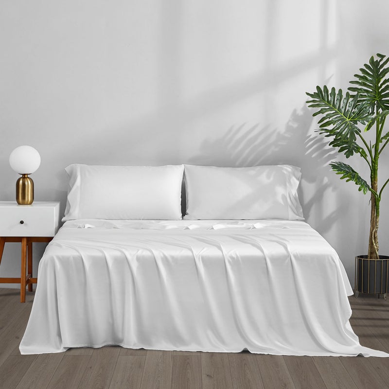 ACCURATEX Cooling Sheets Queen Size Viscose Made from Bamboo Luxury Cool Silky Sheet Set for Queen Size Bed Super Soft Breathable Bedding Sheets up to 16 inches Deep PockectWhite