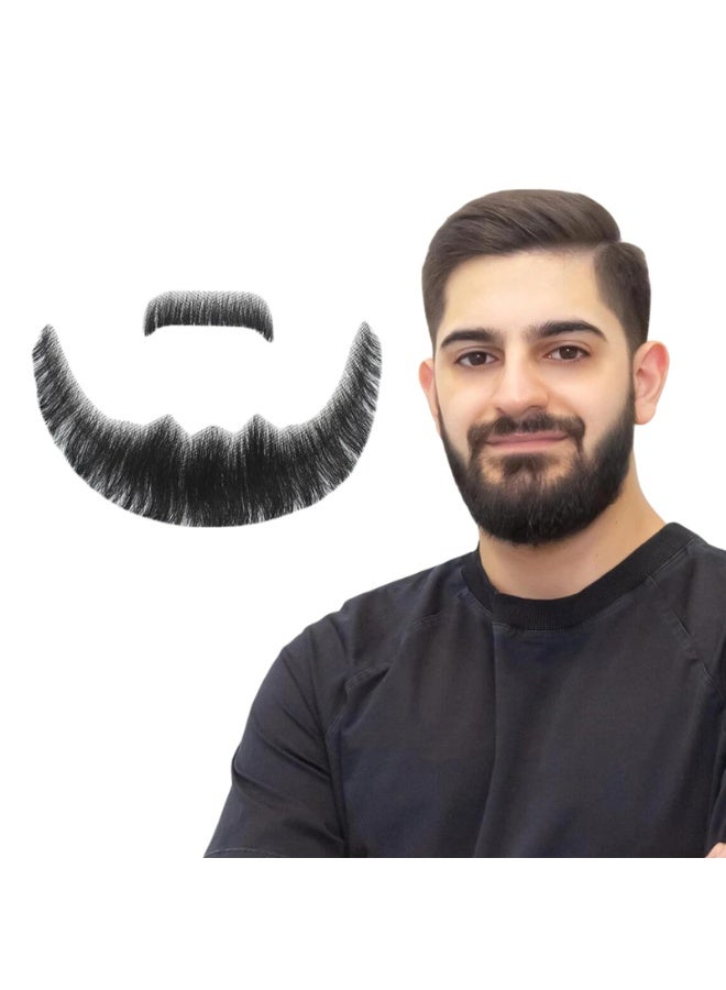 ShineDown Fake Mustache Handmade with Human Hair, Fake Full Beard Style with Larger Size and Fuller Look, Realistic Moustache with Soft Invisible Mesh for Costumes, Cosplay or Themed Parties - Image 1