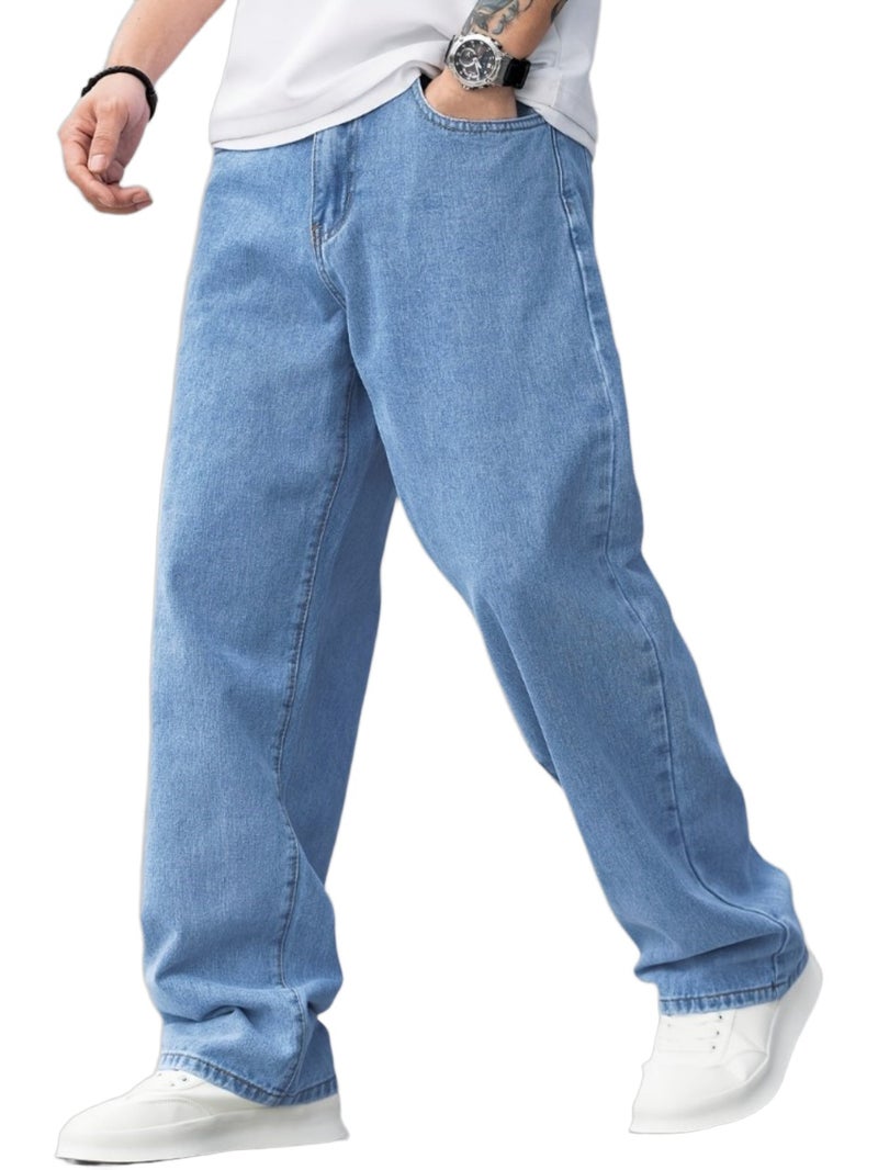 Men'S Light Blue Stretchy Denim Long Pants, New Spring And Summer Style, Comfortable And Versatile, Fashionable Solid Color Straight Loose Fit, American And Japanese-Korean Style - Image 1