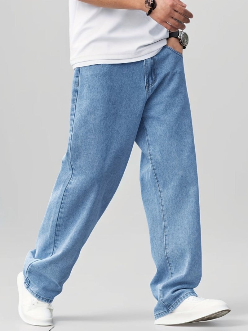 Men'S Light Blue Stretchy Denim Long Pants, New Spring And Summer Style, Comfortable And Versatile, Fashionable Solid Color Straight Loose Fit, American And Japanese-Korean Style - Image 2