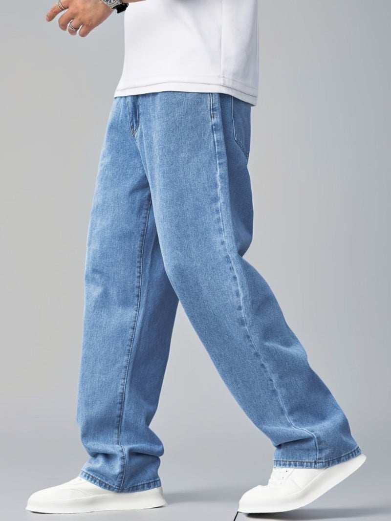 Men'S Light Blue Stretchy Denim Long Pants, New Spring And Summer Style, Comfortable And Versatile, Fashionable Solid Color Straight Loose Fit, American And Japanese-Korean Style - Image 3