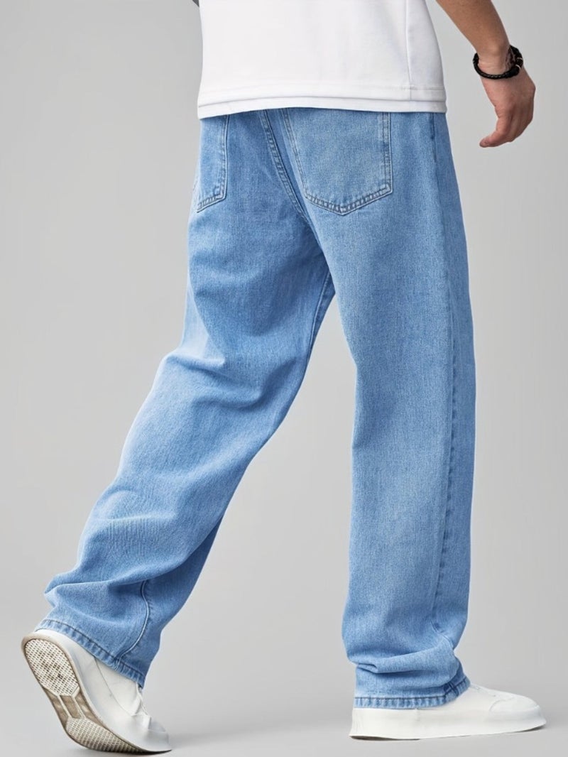 Men'S Light Blue Stretchy Denim Long Pants, New Spring And Summer Style, Comfortable And Versatile, Fashionable Solid Color Straight Loose Fit, American And Japanese-Korean Style - Image 4