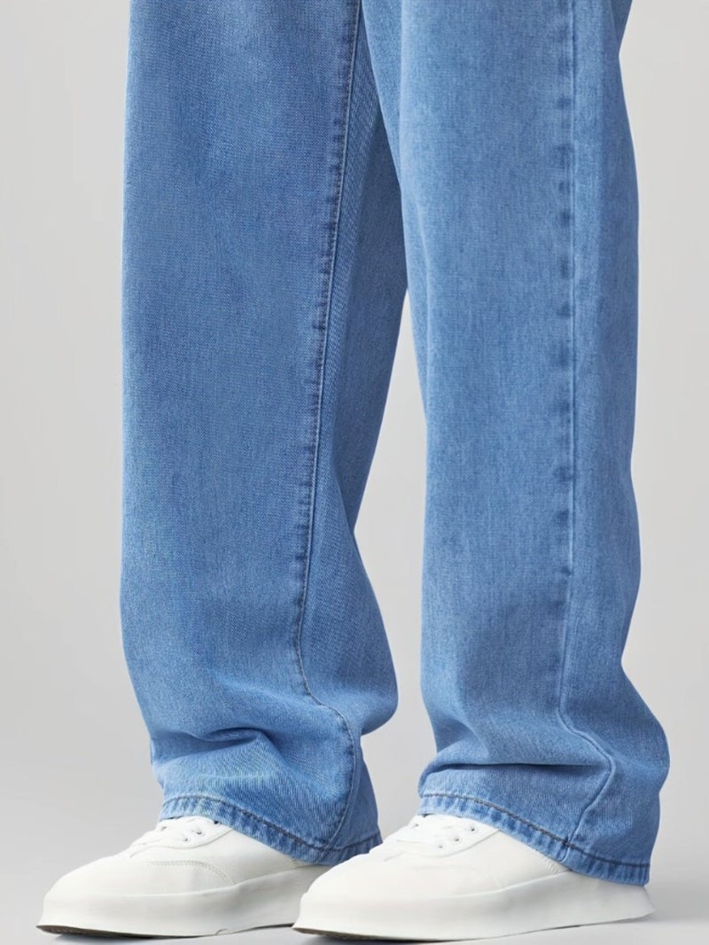 Men'S Light Blue Stretchy Denim Long Pants, New Spring And Summer Style, Comfortable And Versatile, Fashionable Solid Color Straight Loose Fit, American And Japanese-Korean Style - Image 5