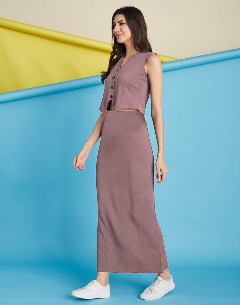 SIRIL Polyester Co Ord Set for Women, Co ord Set for Women Stylish, Top and Skirt Set (839CTK12643-L_Mauve) - Image 3