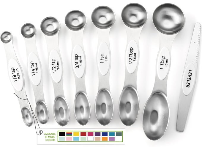 WHITE STAINLESS STEEL MAGNETIC MEASURING SPOONS SET OF 8 WITH LEVELER DUAL SIDED METAL TEASPOON TABLESPOON MEASURING SPOONS FITS IN SPICE JARS KITCHEN GADGETS FOR BAKING COOKING