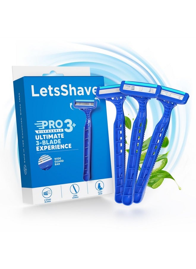 LetsShave Pro 3 Plus Disposable Shaving Razors For Men, Pack Of 3, Stainless Steel, Razor With Rubber Grip Handle & Safety Cap, Open Flow Hair Remover Made In South Korea, Razor For Men Face And Head  - Image 1