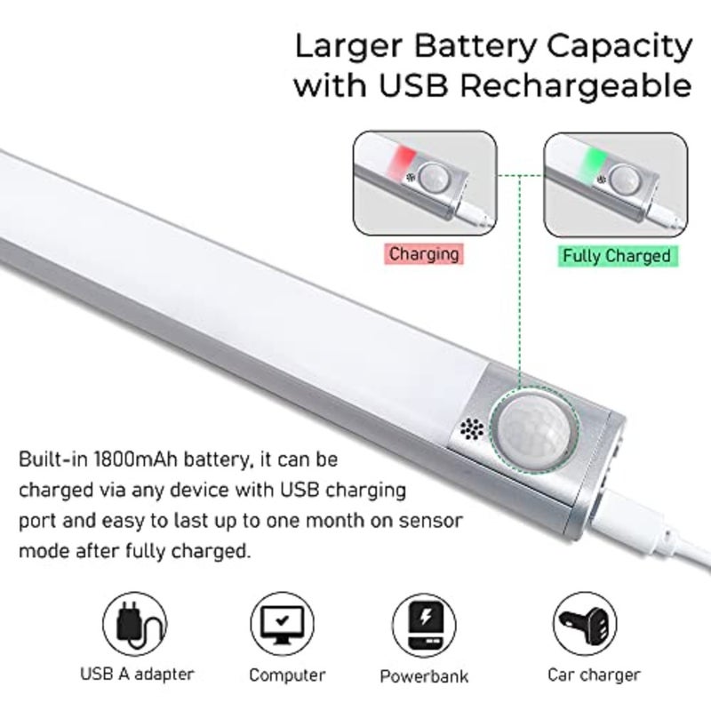 Under cabinet lighting for kitchen, wardrobe, cupboard; ABS plastic, white; 160LED rechargeable wireless motion sensor lights with 1800mAh battery, stepless dimming, magnetic installation - Image 5
