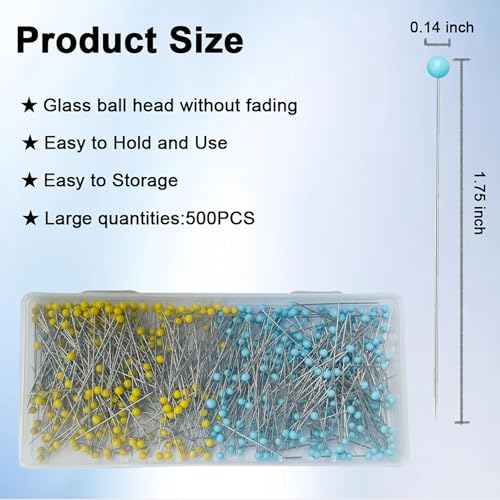 Hovesty 500 PCS Straight Pins, 1.75IN Sewing Pins Long Glass Ball Head Quilting Pins for Fabric, Stainless Steel Dressmaker for Sewing, Crafts, Jewelry Making, DIY(Yellow and Blue) - Image 2