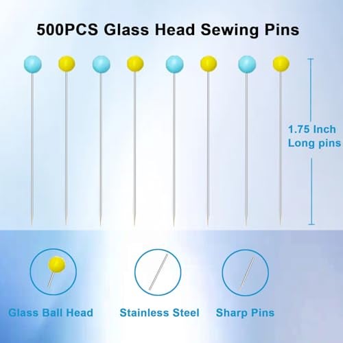 Hovesty 500 PCS Straight Pins, 1.75IN Sewing Pins Long Glass Ball Head Quilting Pins for Fabric, Stainless Steel Dressmaker for Sewing, Crafts, Jewelry Making, DIY(Yellow and Blue) - Image 3