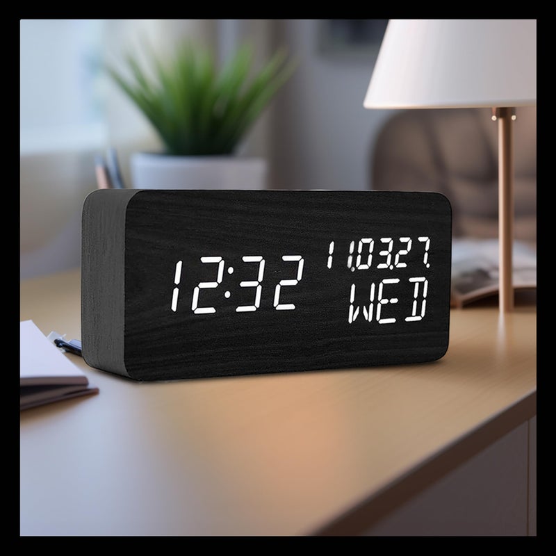 Pokanic Wood Digital Alarm Clock Desk Time DateMMDDYY Day of The Week Temperature Nightlight Large LED Display Portable Lamp Bedroom Office School Home Livingroom Room Black