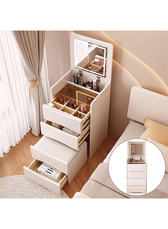 طاولة مكياج مدمجة مع مرآة علوية قابلة للطي وإضاءة LED وسطح زجاجي و3 أدراج تخزين ومقعد مخفي لغرفة النوم ذات المساحة الصغيرة (SZZ007) - Image 1
