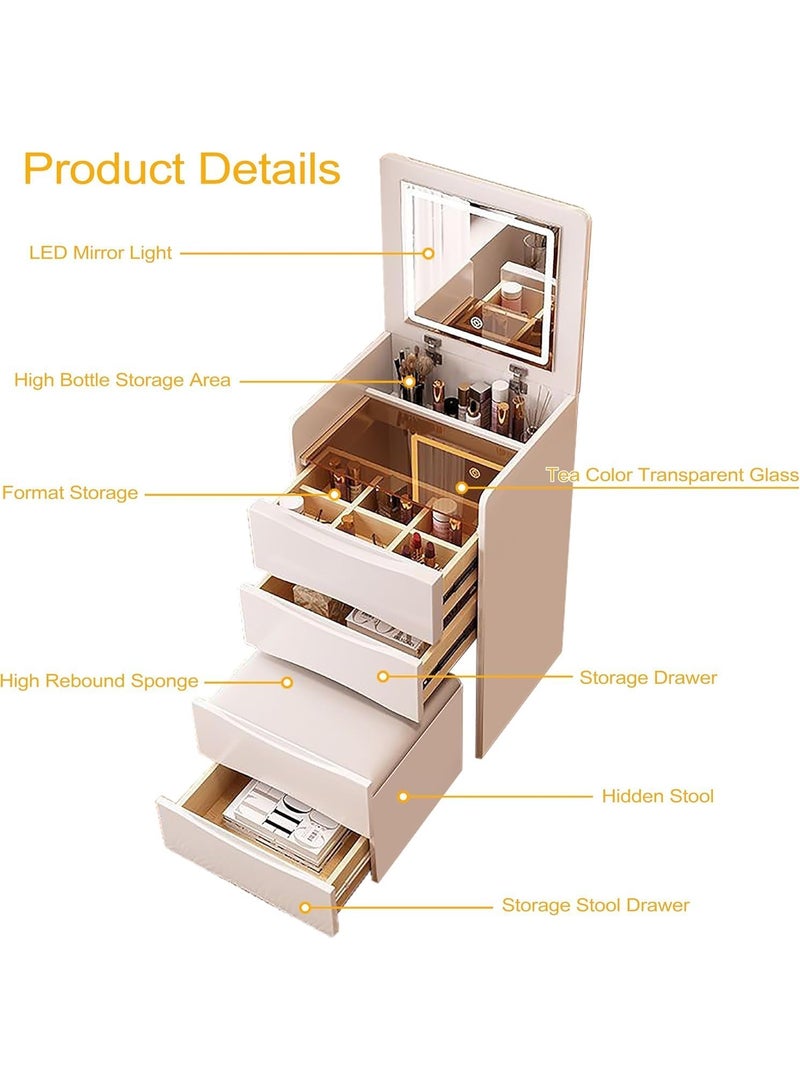 طاولة مكياج مدمجة مع مرآة علوية قابلة للطي وإضاءة LED وسطح زجاجي و3 أدراج تخزين ومقعد مخفي لغرفة النوم ذات المساحة الصغيرة (SZZ007) - Image 4