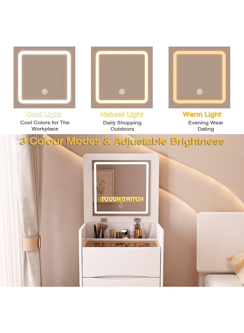 طاولة مكياج مدمجة مع مرآة علوية قابلة للطي وإضاءة LED وسطح زجاجي و3 أدراج تخزين ومقعد مخفي لغرفة النوم ذات المساحة الصغيرة (SZZ007) - Image 5