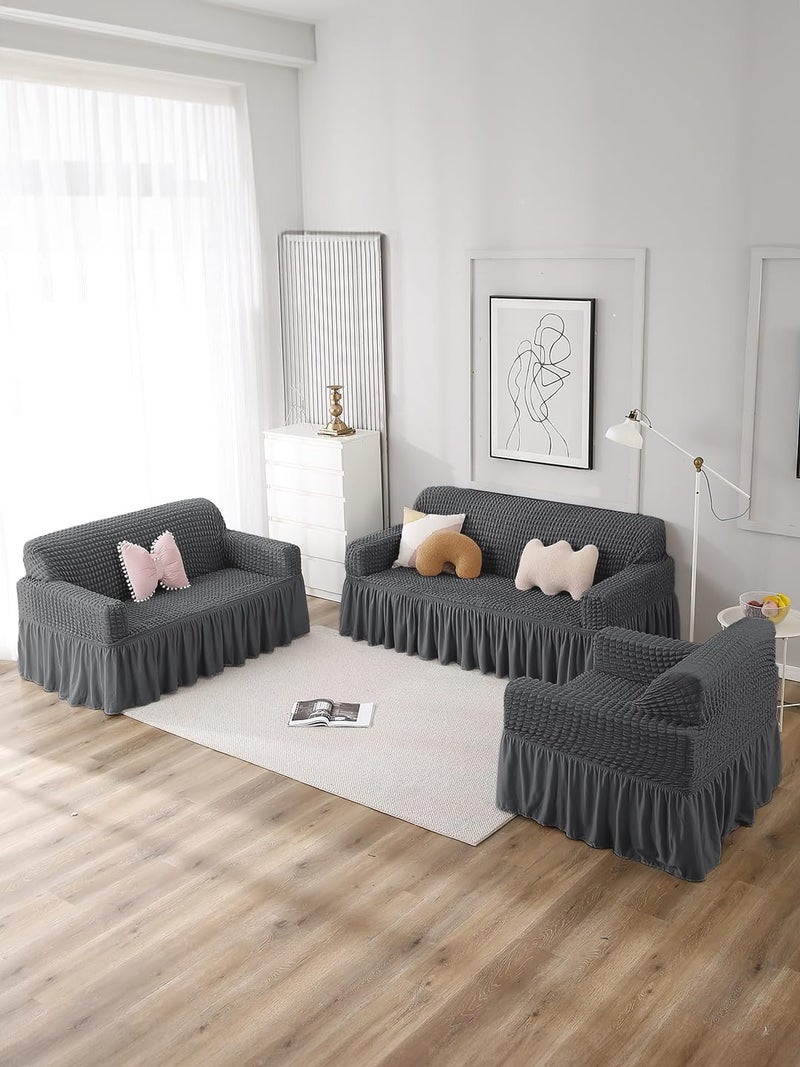 VORHANG Stretch Sofa Slipcover Easy Fitted Sofa Couch Cover with Skirt Dark Grey 3 Seater Pack of 1 - Image 2