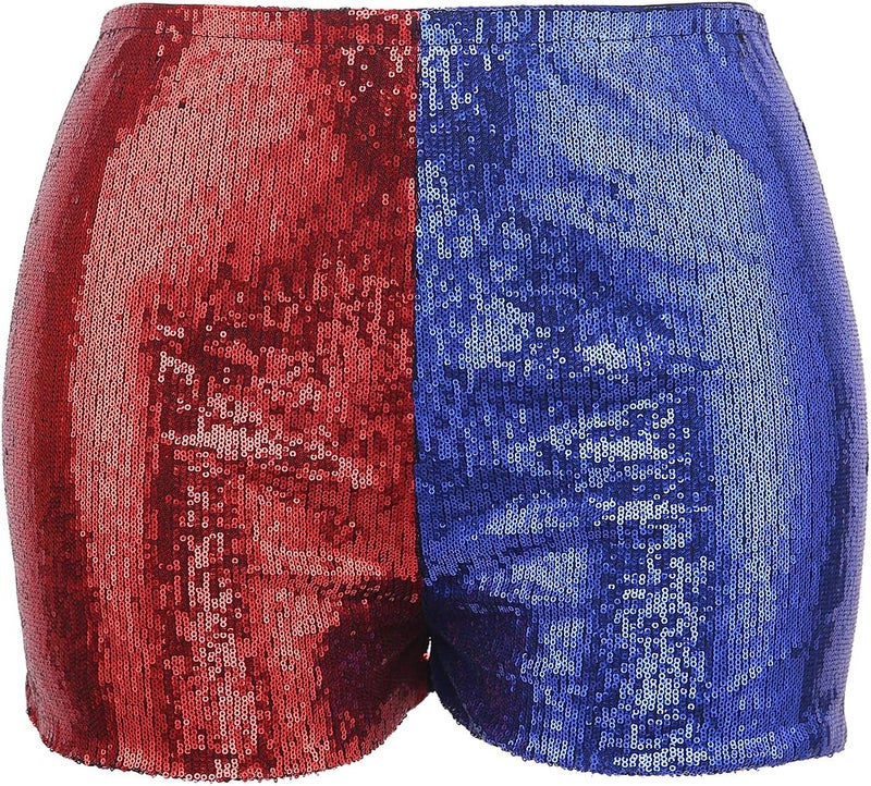 HDE Women's Plus Size Red Blue Sequin Shorts for Harley Misfit Halloween Costume - Image 1