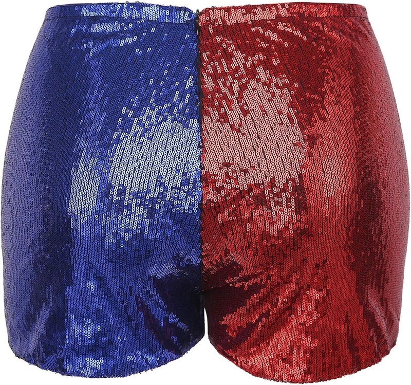 HDE Women's Plus Size Red Blue Sequin Shorts for Harley Misfit Halloween Costume - Image 3