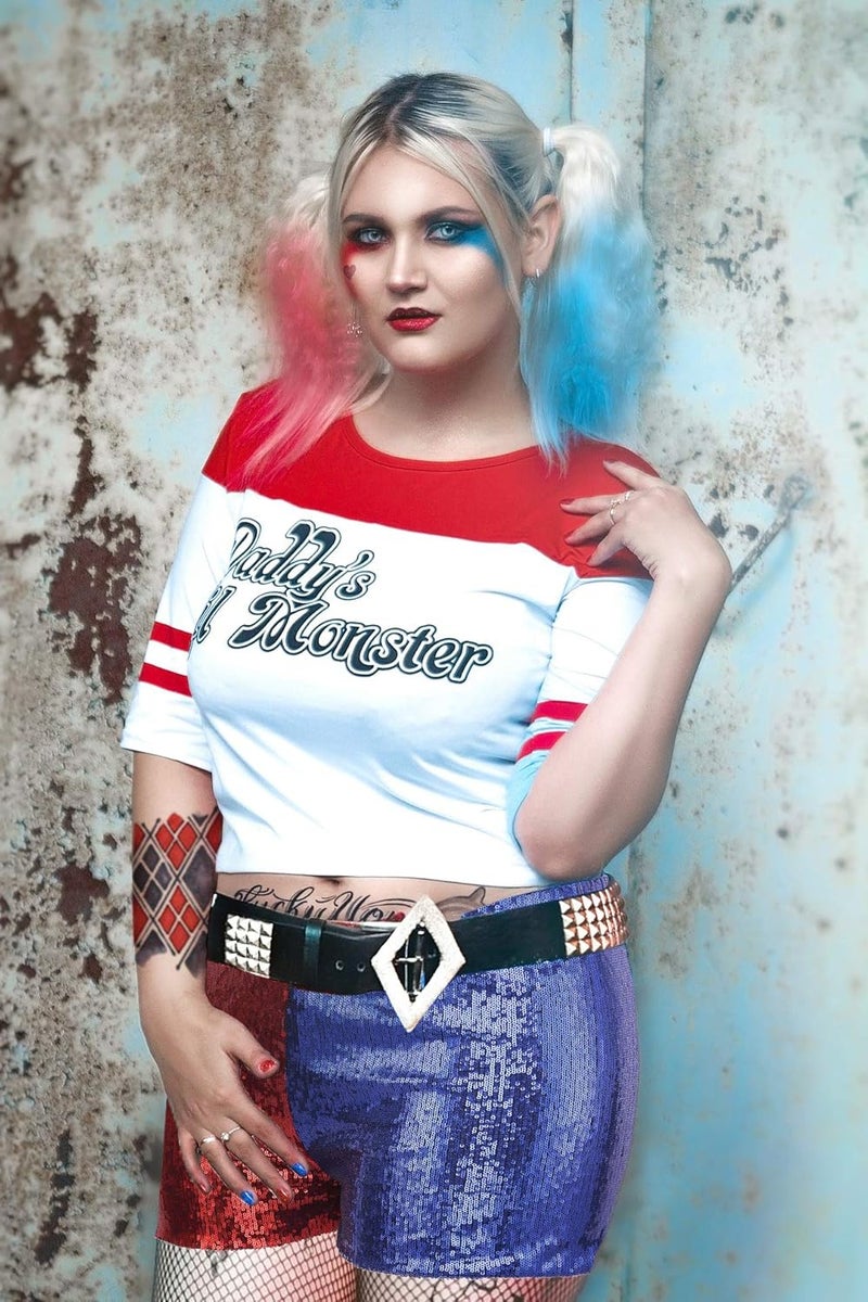 HDE Women's Plus Size Red Blue Sequin Shorts for Harley Misfit Halloween Costume - Image 2