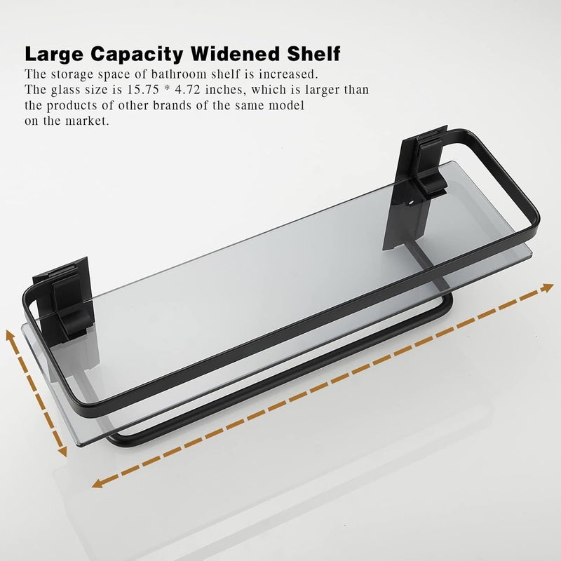 VOLPONE Glass Shelf for Bathroom 15.7 in Black Bathroom Shelves Wall Mounted Tempered Glass Shelving with 2 Removable Hooks (1 Tier) - Image 3
