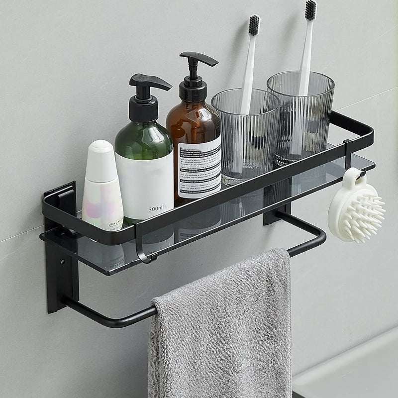 VOLPONE Glass Shelf for Bathroom 15.7 in Black Bathroom Shelves Wall Mounted Tempered Glass Shelving with 2 Removable Hooks (1 Tier) - Image 1