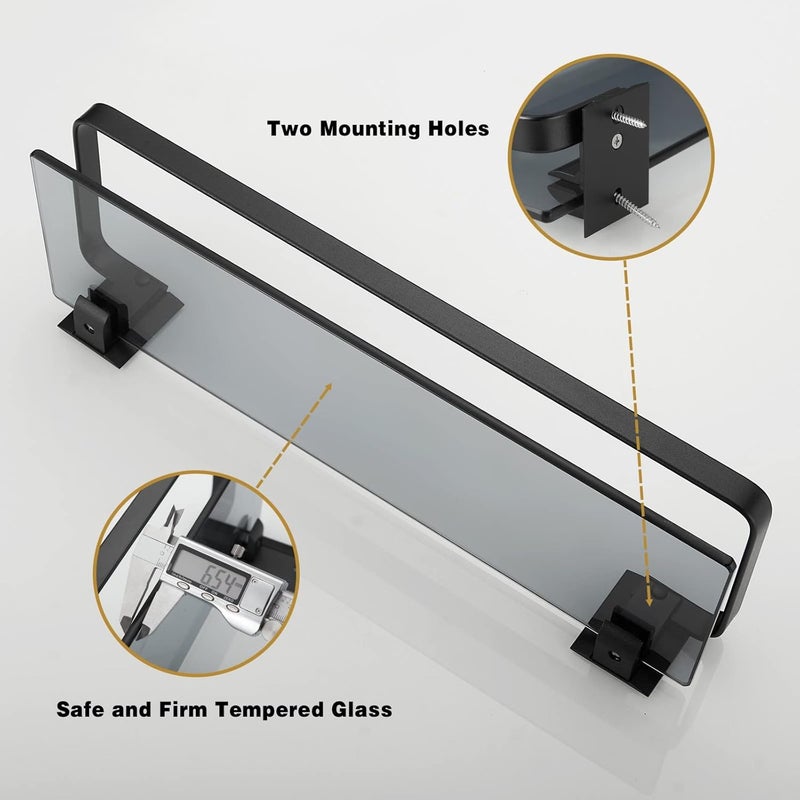 VOLPONE Glass Shelf for Bathroom 15.7 in Black Bathroom Shelves Wall Mounted Tempered Glass Shelving with 2 Removable Hooks (1 Tier) - Image 5