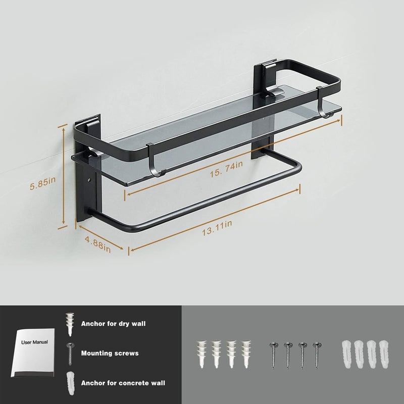 VOLPONE Glass Shelf for Bathroom 15.7 in Black Bathroom Shelves Wall Mounted Tempered Glass Shelving with 2 Removable Hooks (1 Tier) - Image 2