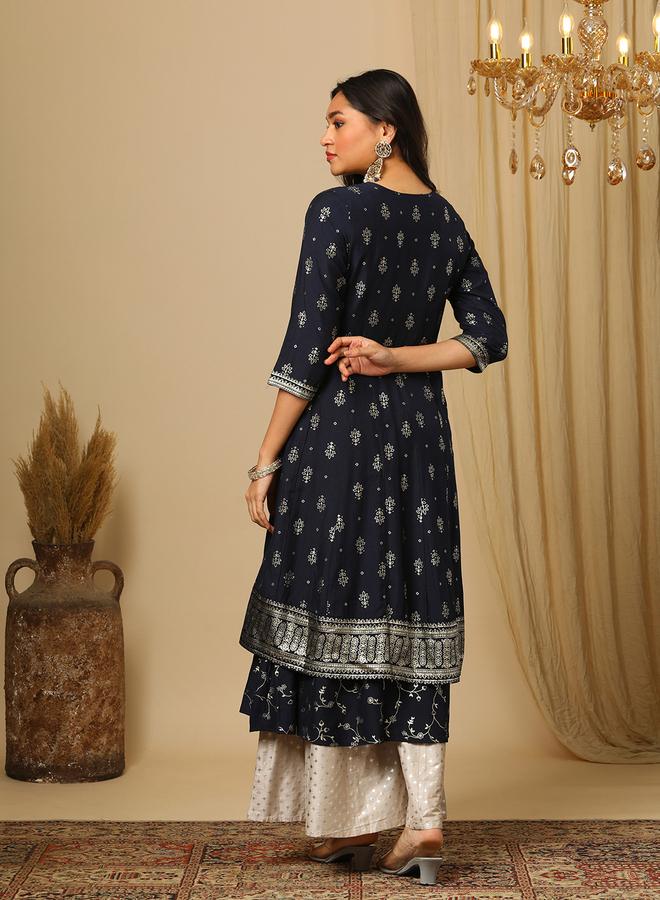 globus Embroidered Sequined Yoke Foil Jaal Print Layered Anarakali Kurta - Image 3